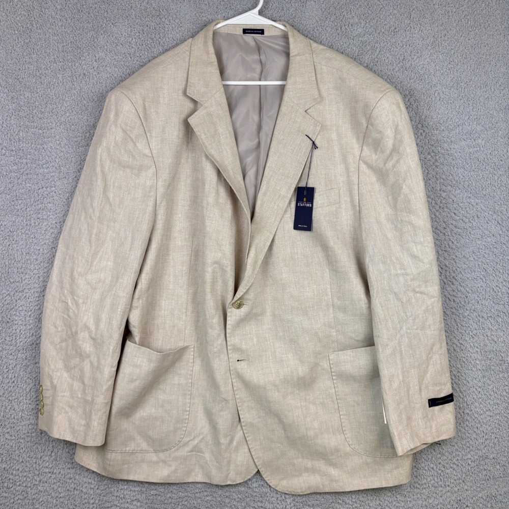 Stafford Blazer Mens 56R Beige Linen Cotton Herringbone Sport Coat Big and Tall